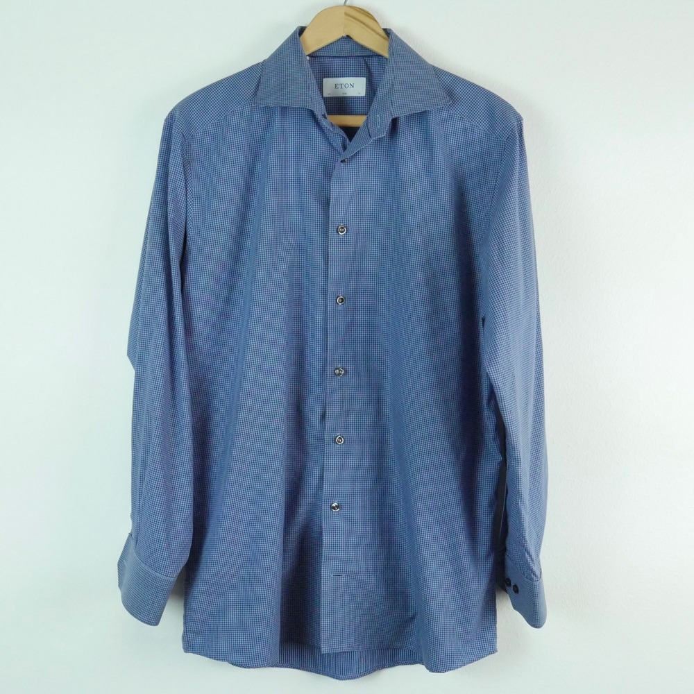Eton Mens Slim Fit Blue Micro Check Cotton Dress Shirt Size 16 41 Long Sleeve